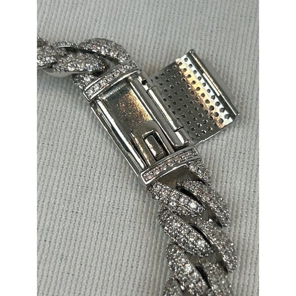 Mens Iced Cuban Link Chain Bracelet Silver Color With Box Clasp Rhinestones - Picture 5 of 8